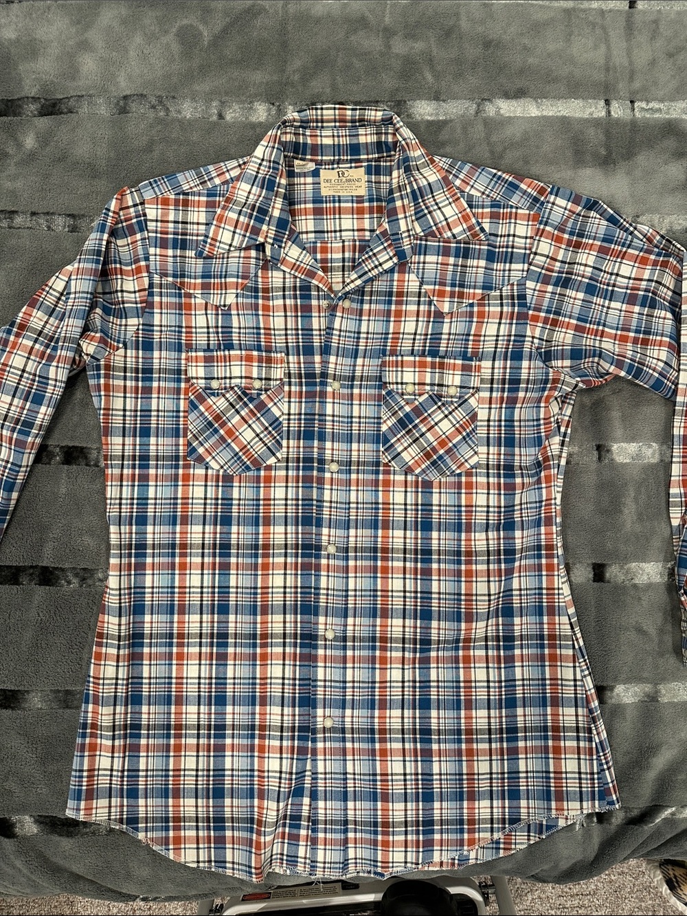 Vintage Blue, Rust & White Plaid Men's Pearl Snap Shirt Double Snap Pockets!
